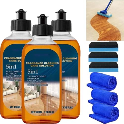 AEXZR 5 in 1 Bodenreiniger Bodepflege, Floor Cleaner Schnelltrocknend, Fragrance Cleaning Care Solution 5 in 1, DualAction-Fleckenentferner Und Geruchsiminator, Schmutzentfernend für Laminat (3PC)