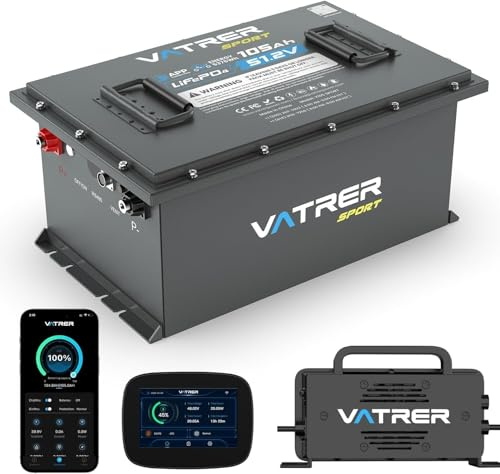 VATRER POWER 48V 105Ah LiFePO4 Batterie für Golfwagen & UTV, Metallgehäuse | 300A Smart BMS·Touchdisplay·Ladegerät mit Abschaltautomatik·4000+ Zyklen·Golfwagen&Elektro-Bootsmotoren