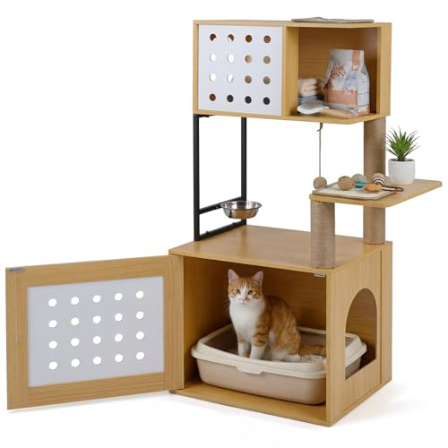 COSTWAY Mobile Lettiera Gatti Multilivello in Legno con Ciotola, Naturale | Albero Tiragraffi per Toilette Nascosta con Cuccia, Piattaforme di Attività, Tiragraffi e Giocattoli, 73 x 43 x 117,5 cm