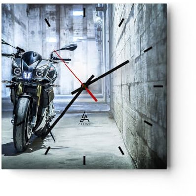 Modern Wanduhr Motorrad Retro klassisch 30x30cm Quadrat Klein Wand Uhr Glas Analog Zimmeruhren Küche Büro Wohnzimmer Glasuhr Wall Clock Dekoration Design Wanddekoration Küchenuhr C3AC30x30-2523