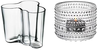 Iittala Set bestehend aus einem Windlicht 64mm klar + Einer Vase 95mm klar, aus Glas hergestellt, Set 1007037+1007578