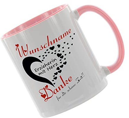Crealuxe Kaffeetasse - (Wunschname) Erzieherin mit Herz - danke für die schöne Zeit - Bürotasse, bedruckte Keramiktasse, Tasse mit Spruch, Hochwertige Kaffeetasse, personalisiert (Rosa)