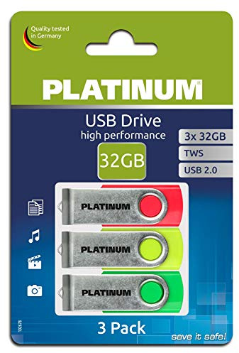 PLATINUM TWS USB-Stick 32 GB 3-Pack USB 2.0 USB-Flash-Laufwerk - 3er Pack Speicher-Stick in neon-Silber inkl. Öse zur Befestigung am Schlüsselanhänger