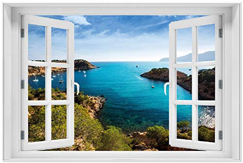 Wallario Wandbild - Ibiza - Blick von Einer Bucht aufs Meer in Premiumqualität, Poster mit weißem Rahmen, Größe: 61 x 91,5 cm mit Fenster-Illusion