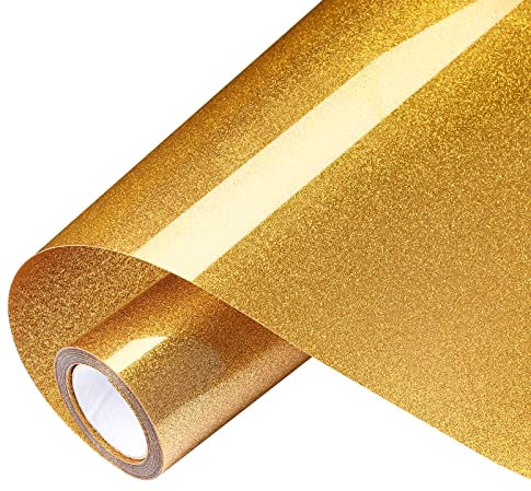 VinylRus Glitter Heat Transfer Vinyl Rolls-10” x 8ft Gold Iron on Vinyl for Shirts,Glitter HTV Vinyl for All Cutter Machine