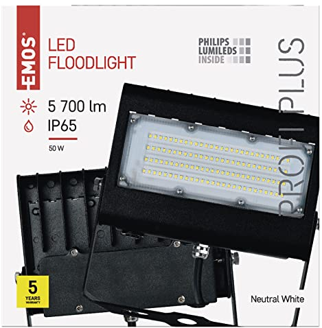 EMOS LED Strahler Profi Plus 50W, IP65 wasserdichtes Flutlicht für Feuchträume, Innen und Außen, Helligkeit 5700lm, Neutralweiß 4000K, CRI>80, Lebensdauer 50000h, 5 Jahre Garantie, Schwarz, ZS2432
