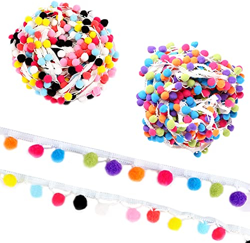 Belvanr Pomponborte 12M Pomponborte zum Nähen Bommelborte Pompon Borte Pom Pom Trim Regenbogen Pom Pom Bommel Fringe Pompoms Bunt Bommel Ball Fransen Band Ball Fransen Quasten Trim für Dekorieren