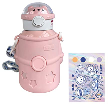 Boxwizard Gourde pour enfants en acier inoxydable isolé Bouteille d'eau portable Kawaii avec paille 500 ml isolé mignon astronaute ours bouteilles d'eau pour l'école gym Voyage