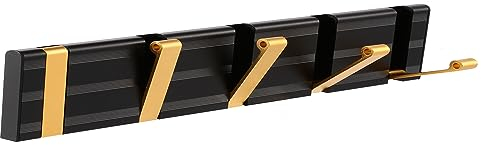 maifey Garderobenhaken Wand mit 5 Klappbar Hakens, Schwarz Gold Moderne Garderobenleiste, Hochwertiges Aluminium Material, Garderobe Hakenleiste zum Aufhängen von Handtüchern Kleidung Hut Schlüssel
