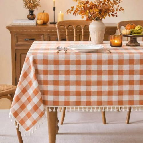 Laolitou Karierte Thanksgiving-Tischdecke, rechteckig, waschbar, Büffelkaro, Herbst-Tischdecke mit Quaste, Baumwoll-Leinen, Gingham-Tischdecke für Esszimmer, Orange, rechteckig, 140 x 178 cm, 4–6