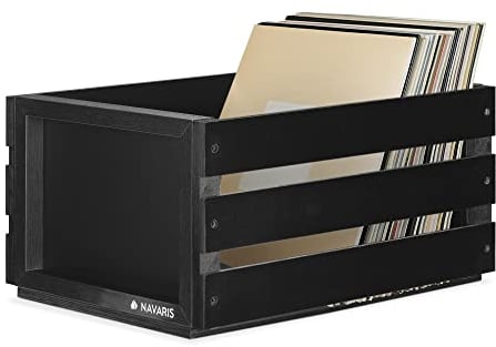 Navaris Cassetta Dischi Vinile in Legno - Cassa Porta Vinili 50-80 Dischi LP - Record Box 43,1 x 30,6 x 23 cm da Montare - Cassettina e Lavagna - Nero
