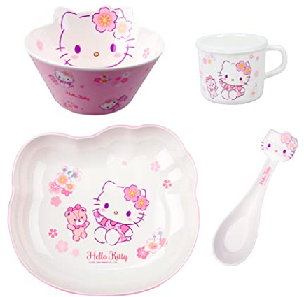 Hello Kitty Bär Sakura Süßes Rosa Geschirr Besteck Mahlzeit Set - Teller Schüssel Tasse Löffel 4 Stück