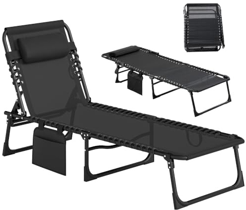 Outsunny Portable Sun Lounger, Folding Camping Bed Cot, Reclining Lounge Chair 5-position Adjustable Backrest with Side Pocket, Pillow for Patio Garden Beach Pool, Black