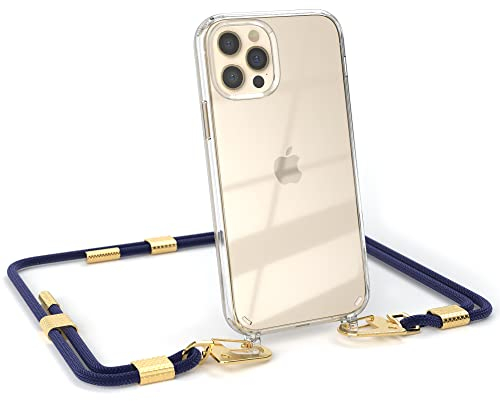 EAZY CASE - kombinierbare Handyketten kompatibel mit iPhone 12/12 Pro, Transparente Silikon-Hülle mit stylischen rundem Umhängeband, abnehmbar durch Karabiner, Riemen, Nacht Blau - Clips Gold