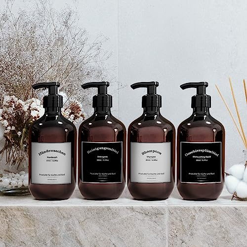 seifenspend Kunststoff, 4er Set Seifenspender 300ml mit Etiketten, pumpflaschen Set Badezimmer, Shampoo Flasche (300ml Braun)