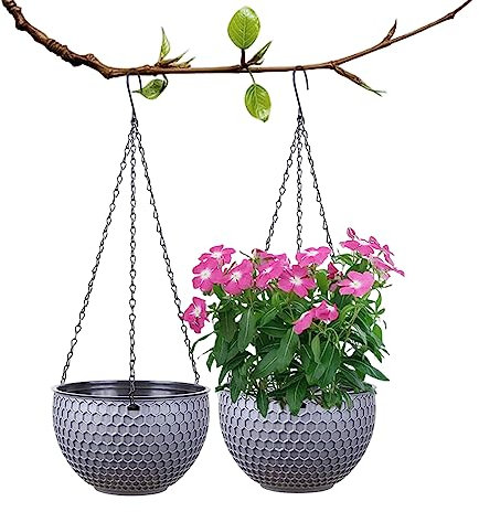 hanging flower pots, Hanging Flower Pots 2Pc Self-Watering Hanging Plant Pots Drainage Hole Honeycomb Hanging Basket Grey