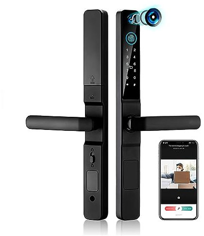Smart Door Lock with Handle,Camera TUYA APP Fingerprint RFID Card Password Keyless Electronic Smart Door Lock Aluminum/Glass/Wooden,Black