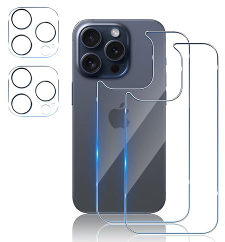 TUTUO [2+2 Pack Back Tempered Glass Compatible with iPhone 15 Pro Back Screen Protector + Camera Lens Protector, No Bubbles Anti-Scratch 9H Hardness HD Rear Screen Protector Protective Film