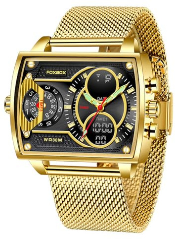 Weicam Luxuriöse Herren-/Jungen-Armbanduhr mit quadratischem Zifferblatt, leuchtend, wasserdicht, analog, Quarz-Armbanduhr, Dual-Display, Business-Uhr