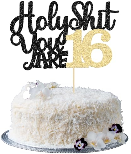 1Pc Holy Shit You are 16 Cake Topper Glitter Happy 16th Birthday Cake Pick Sweet 16 Sixteen Cheers to 16 Years Cake Decorations for Funny 16th Birthday Party Supplies