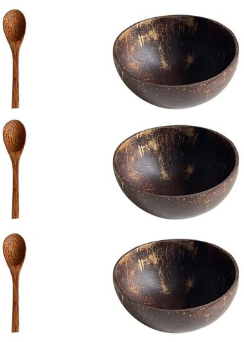 Dilireba Handgemacht KokosnussSchalen, Kokosschalen Schüssel 3er Set, Coconut bowls set, Smoothie Bowl, Bowls Plastikfrei mit Löffeln, ideal als Müsli Schüssel, Vegan Food, Smoothie Bowl