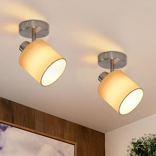 Glitzerlife Deckenstrahler 1 Flammig Deckenleuchte Flur - 2ER Deckenlampe Schwenkbar 350° E14 mit Stoffschirm Deckenspot Nickel Wandstrahler MAX.40W Flurlampe für Wohnzimmer Schlafzimmer Küche