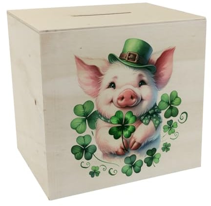 Süßes Schwein das Glück bringt Spardose aus Holz Kleeblatt-Design Tier-Figur als Glücksbringer Grün Natur-Symbol Pflanze-Deko
