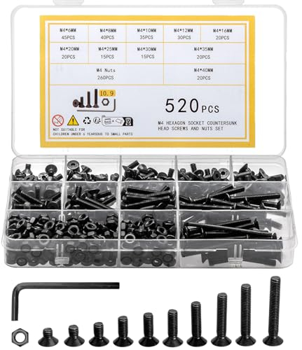 Ewwtrey 520 Stück M4 Schrauben Set, Innensechskant Senkkopfschrauben Muttern Set, Innensechskantschrauben mit Muttern Set, Flachkopf Maschinenschrauben Set, Schwarz Gewindeschrauben und Muttern Set