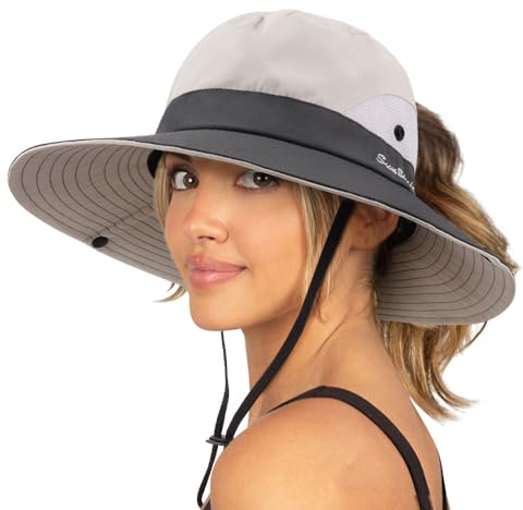 DRESHOW Damen Sonnenhut Outdoor UV-Schutz Hut faltbar Mesh breite Krempe Angeln Pferdeschwanz Strand Eimer Hüte