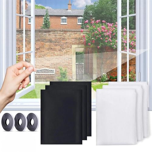 Mosquito Netting Mesh, 3 Pack DIY Self-Adhesive Insect Curtain - Fly, Bug, and Bee Protector Screen, with 3 Rolls of Hook and Sticky Tape, Fits Multiple Windows, 51x59 Inches, White
