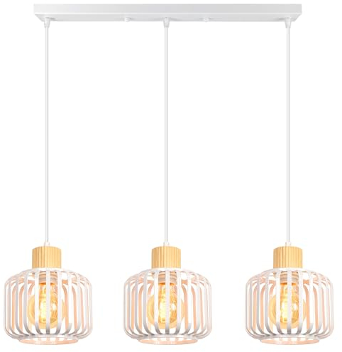 iDEGU 3-flammig Pendelleuchte Retro Vintage Hängelampe aus Holz Metall Industrie Lampe Käfig Lampenschirm Deckenleuchte Moderne Hängeleuchte für Esszimmer Wohnzimmer Küche Restaurant (Balken, Weiß)