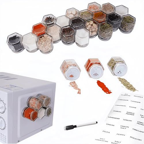 20 Glass Small Hexagon Magnetic Spice Jars for Refrigerator with Labels | Magnet Seasoning Containers with Shaker Lids, Fridge Magnetic Spice Rack Organizer with Jars
