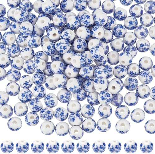 SUNNYCLUE 1 Schachtel 210 Stück 8mm Blaue Keramikperlen Mit Blumenmuster Porzellanperlen Große Menge Weiße Bedruckte Blumen Kleine Glatte Abstandsperlen Zur Schmuckherstellung Armbänder Halsketten DI