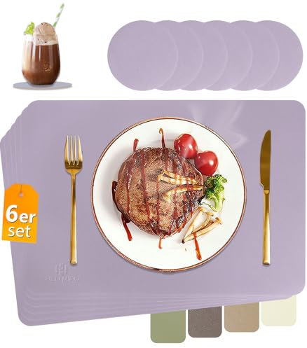 HELI MIAO Tischsets Abwaschbar,Platzsets Abwischbar,Tischset Leder,Hitzebeständig Doppelseitigen I 6er Set Platzdeckchen Lederoptik mit Untersetzer,Tischuntersetzer,Platzdecken violett
