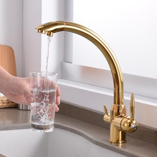 Grifo De Cocina Ósmosis Con 3 Vías, Grifo De Fregadero Giratorio a 360°, Caño Alto, Cobre Cromado Doble Palanca Mezclador De Fregadero, Para Agua Caliente Y Fría Gold