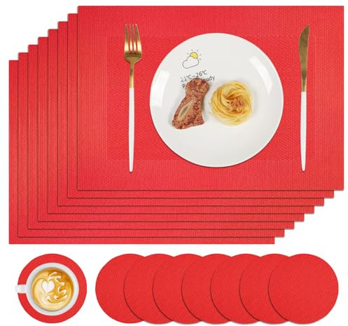 Famibay Juego de 8 manteles individuales y posavasos de Navidad, color rojo, resistentes al calor, lavables, de plástico, para mesa de comedor