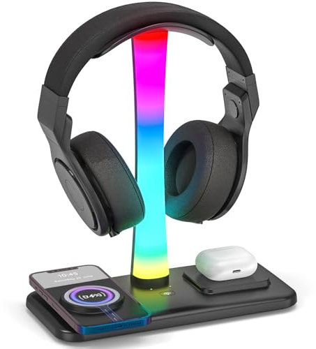 Jubor 3 en 1 Soporte Auriculares, Soporte Cascos Gaming RGB con Cargador Inalámbrico, Soporte Auriculares para Juegos con 9 Modos de Luz con 1 Puerto USB y 2 Puertos Tipo C