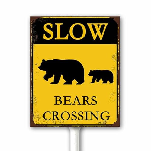 Cartello vintage lento, segnale stradale con animali, orso attraversamento con paletto, per quartieri, fattoria, giardino, prato, 20 x 30 cm, in alluminio, antiruggine, resistente alle intemperie, per