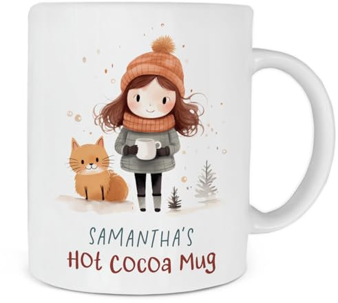 Personalised Hot Cocoa Mug, Hot Chocolate Gift, Hot Chocolate Mug Girl with Cat, Birthday & Christmas Present for Sister Mum Daughter BFF Friend
