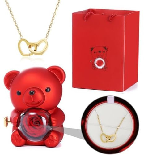 Engraved Heart Necklace - With Real Rose Bear Giftbox, Eternal Rose Flowers Bear Gifts, for Woman Christmas Valentines Day Birthday (Red)