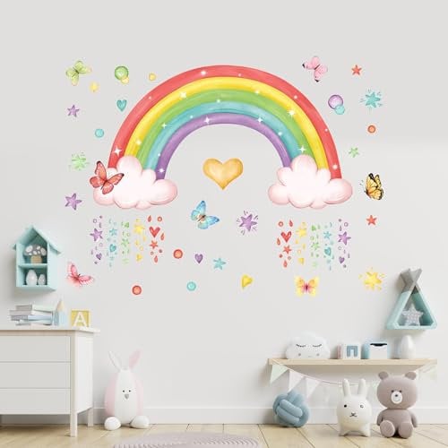Rainbow Wall Decal, Large Rainbow Wall Sticker Colorful Raindrop Cloud Star Heart Butterflies rainbow wallpaper Peel and Stick Wall Art Sticker for Baby Kid Nursery Girl Bedroom Living Room Wall Décor