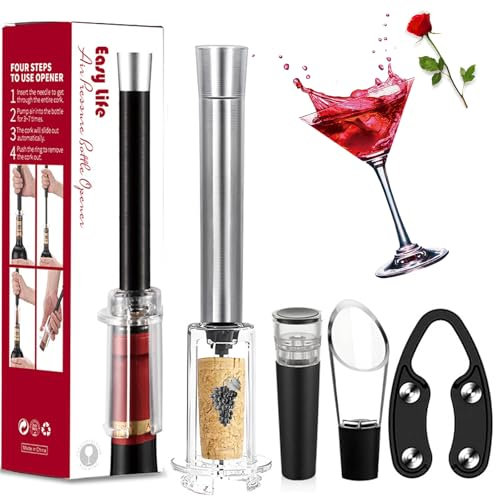 MIRACLEW Wine Opener Set, Air Pressure Cork Remover, Bottle Opener, Vacuum Stopper, Wine Pourer, Paper Cutter (Silver)