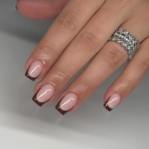 SXVME 30 Pcs Acrylic Press on Nails Short Square, Brown French Tip False Nails Short Coffin, Natural Nude Fake Nails Set Classic Soft Gel Stick on Nail for Women Daily Wedding Wear