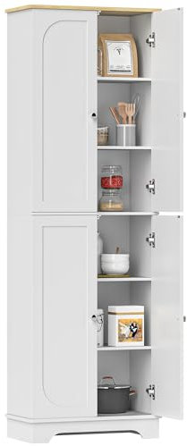 HOMCOM Alacena de Cocina Armario de Cocina Mueble Auxiliar de Cocina con 4 Puertas y Estantes Ajustables para Comedor Salón 60x30x183 cm Blanco