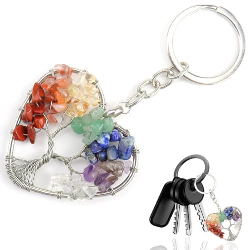 JEYORZY Arbre de Vie Porte Clef Original, Coeur 7 Chakra Guérir Cristal Arbre de Vie Porte Clef Femme Chic Bijoux Pendentif Porte Clé Porte Bonheur,cadeau femme homme anniversaire, porte-clés