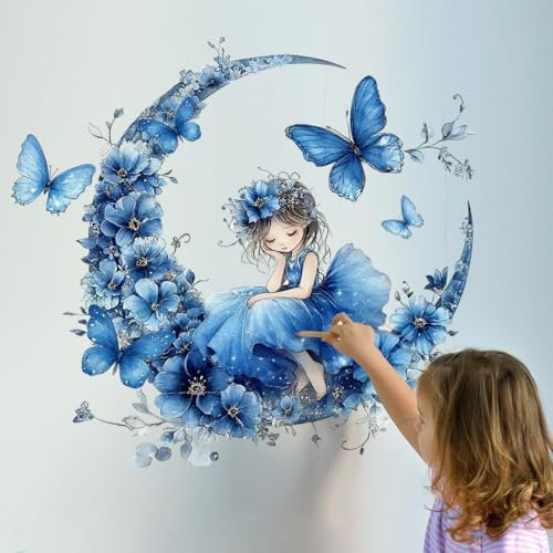 HGDESIGN® Wandtattoo Wandaufkleber Fee Elfe Mond Schloss Mädchen Blumen Wandsticker Wandbild Kinderzimmer Babyzimmer Schlafzimmer Kind Baby Mädchen Wanddeko (C)