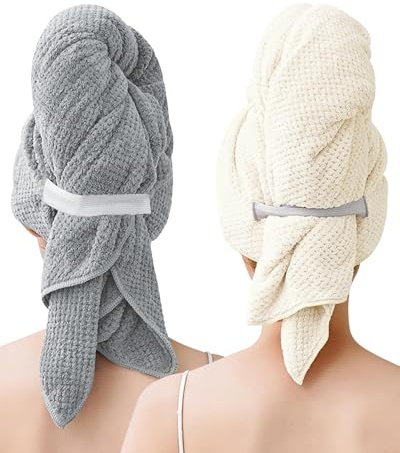 BellaGesundheit 2 Stück Mikrofaser Haarturban mit Elastischem Band – 100x60 cm, Schnell trocknend & Super Saugfähig für Langes Dickes Lockiges Haar (Grau&Cremeweiß)