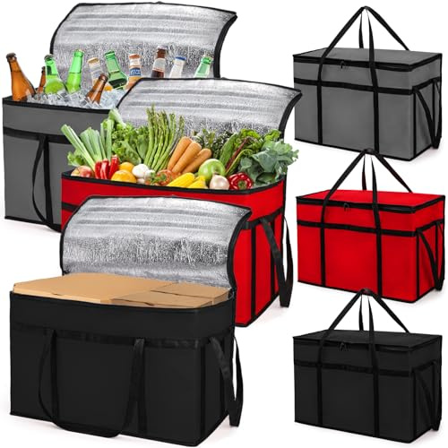 AVLA 3 Pack Insulated Food Delivery Bag, 77L XXX-Large Reusable Grocery Tote Insulation Bag, Collapsible Commercial Food Warmer Cooler Bags with Strong Handle Zipper for Catering, Shopping, Travel