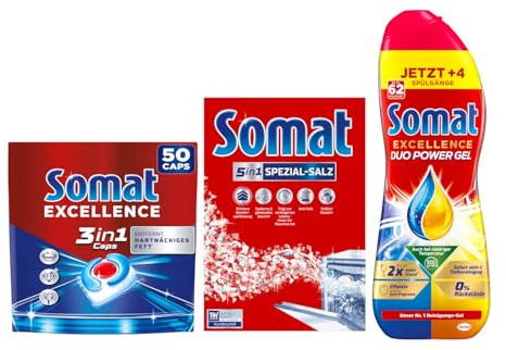 SOMAT Spülmaschinen Set – Excellence 3in1 Caps 50 Stück 905 g + Duo Power Gel 992 ml + 5in1 Spezial-Salz 1,2 kg – kraftvolle Reinigung, Schutz vor Kalk & für strahlendes Geschirr