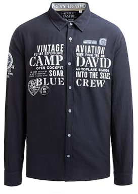 Camp David Herren Jacquard-Langarmhemd mit Artworks Blue Navy, XXXL